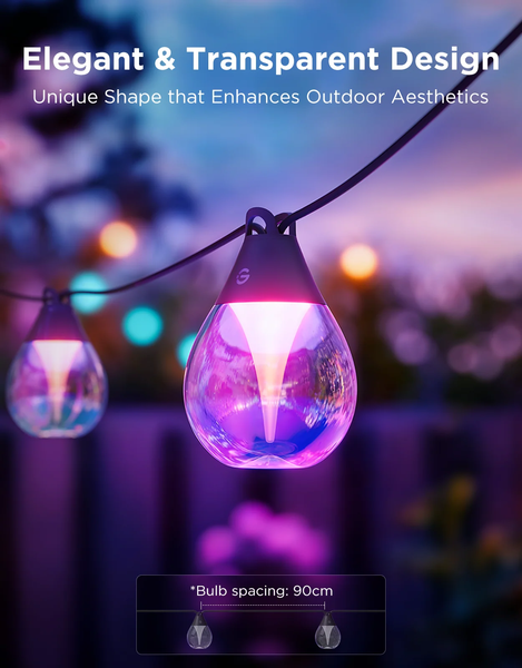 Розумна вулична гірлянда Govee Outdoor Clear Bulb String Lights 15м з прозорими лампочками, RGBWIC, IP67, Matter H7025 фото