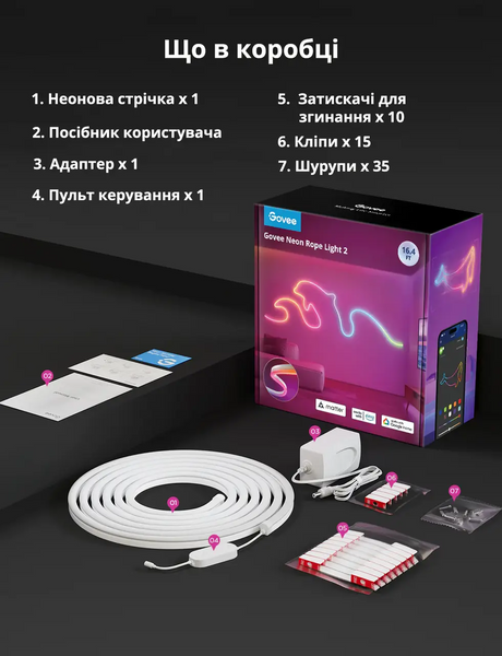 Умная гибкая неоновая LED лента 10 метров Govee RGBIC NEON ROPE 2 Белый Wi-Fi, Bluetooth, Matter (H61D6) H61D6 фото